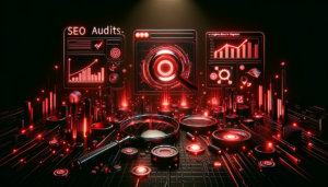 Profissional realizando auditoria SEO completa em dashboard com métricas do site
