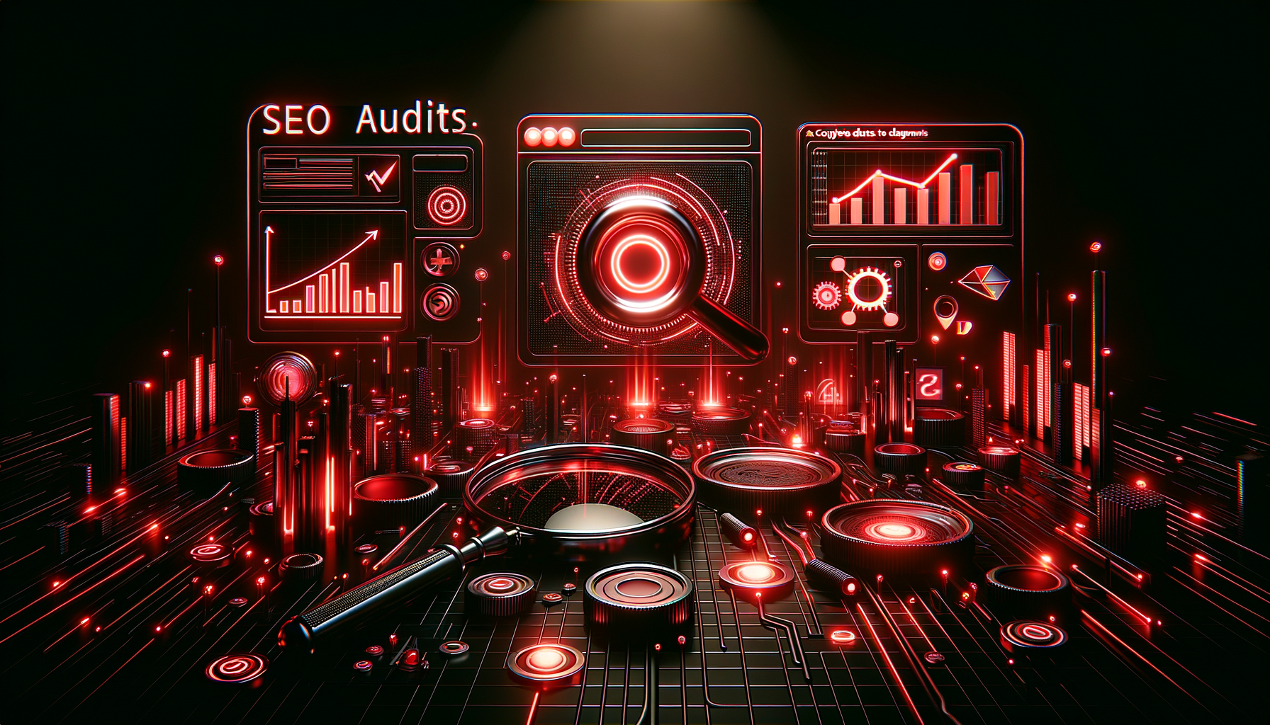 Profissional realizando auditoria SEO completa em dashboard com métricas do site