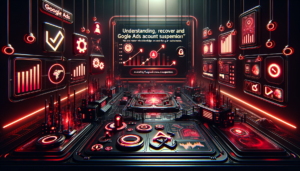 Tela mostrando notificação de conta Google Ads suspensa com alerta vermelho