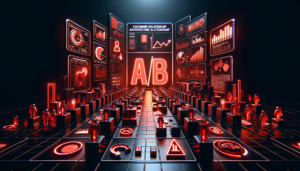 Dashboard mostrando resultados de teste A/B em anúncios com gráficos comparativos de performance